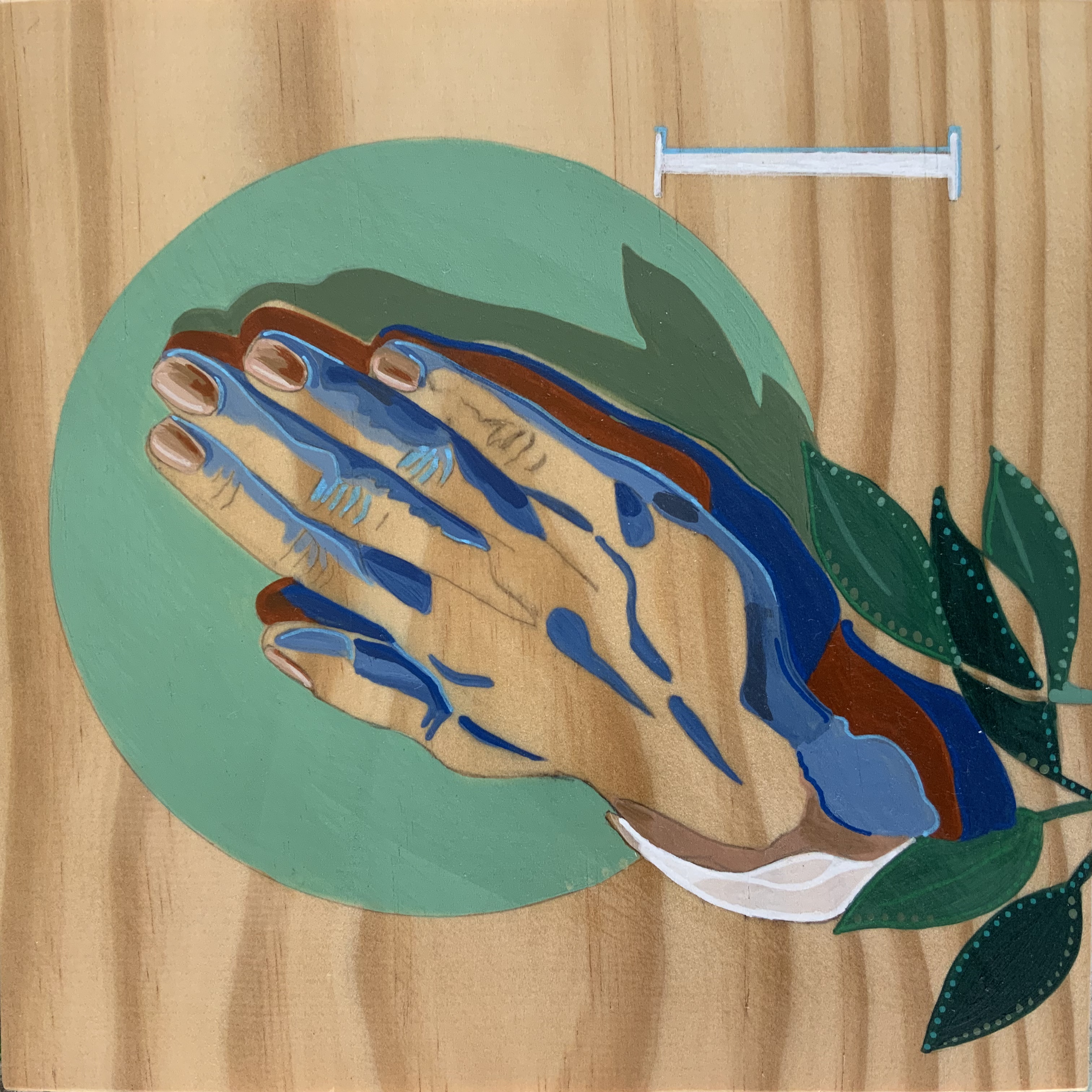 Close‑up mural of folded hands with blue shading, set within a green circular background and leafy design.