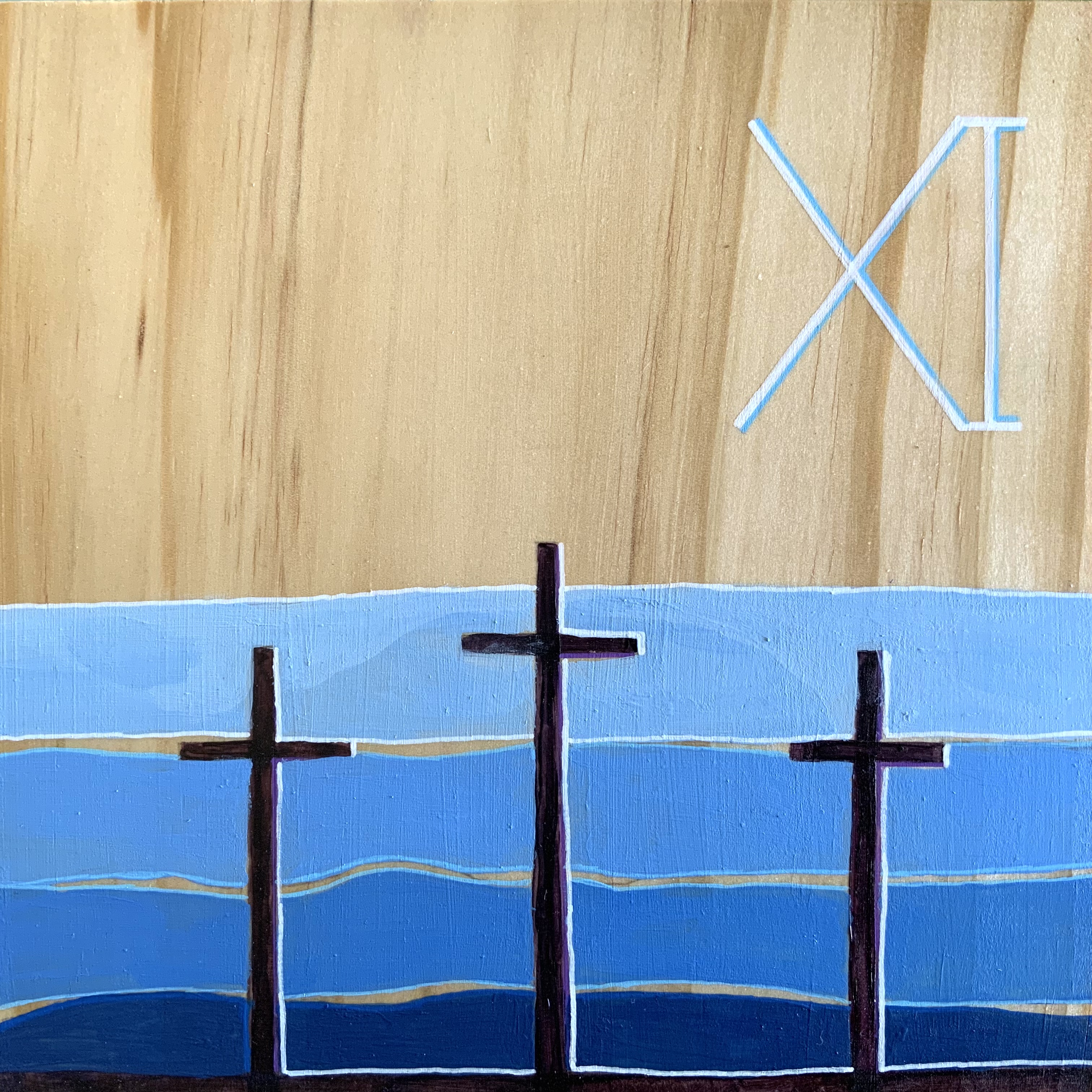 Illustrated mural of three crosses on a hill against a blue background, with the Roman numeral “XI” displayed above.