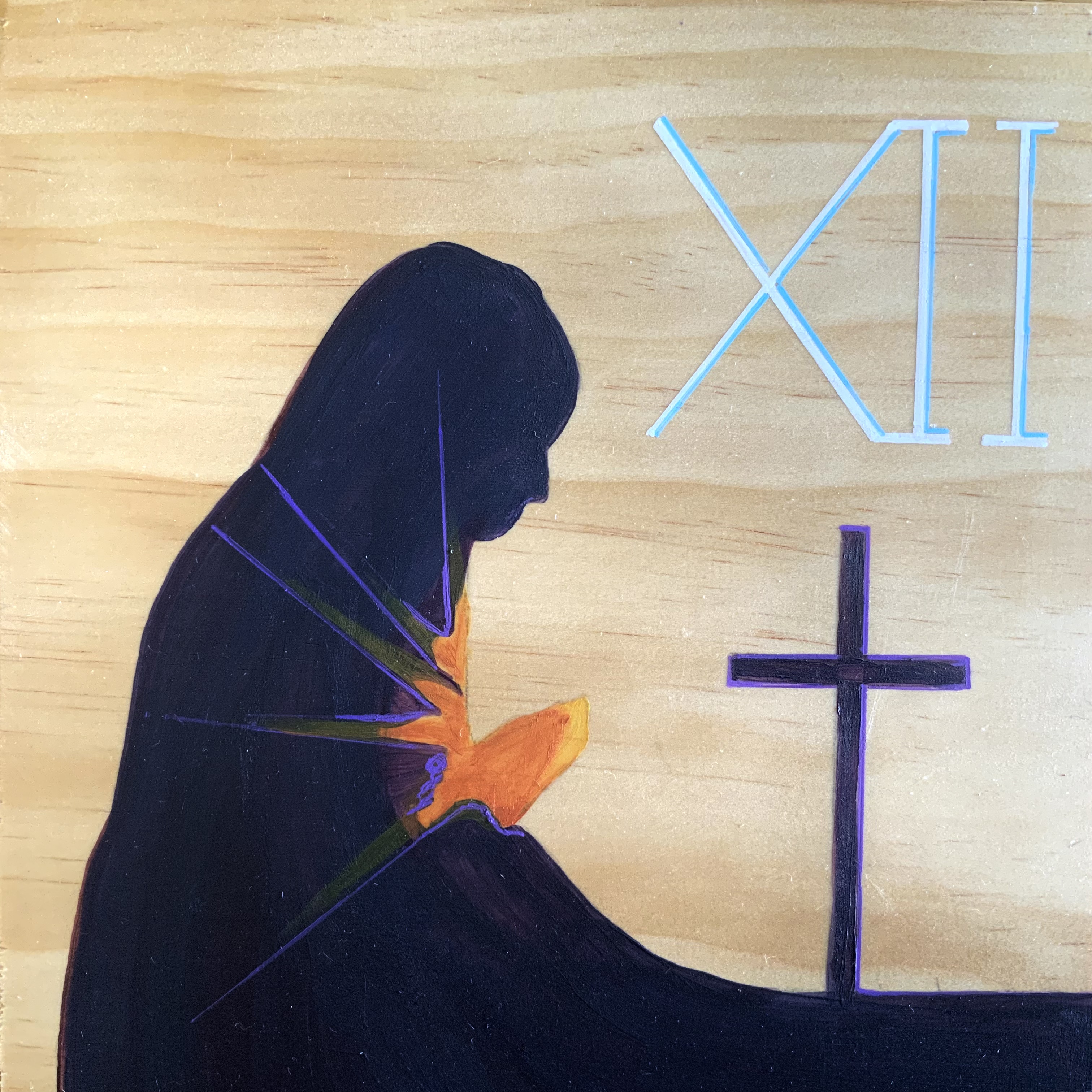 Illustrated mural of a cloaked figure kneeling beside a cross, with the Roman numeral “XII” displayed above.