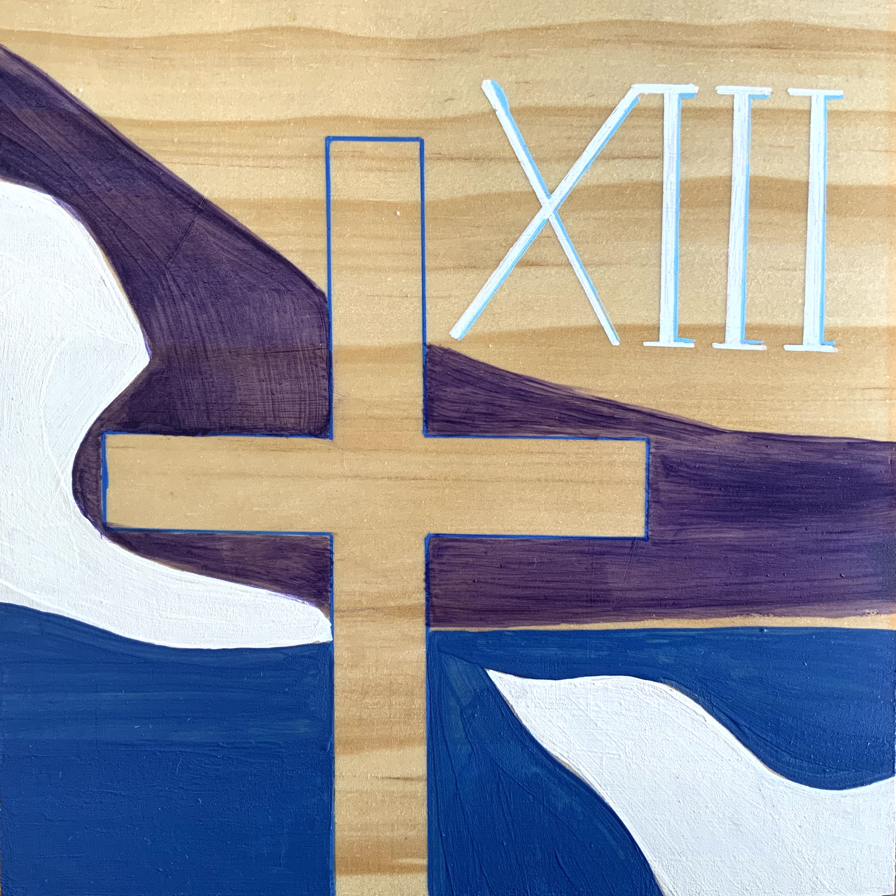 Illustrated mural of a body laid across a cross shape, with the Roman numeral “XIII” displayed above.