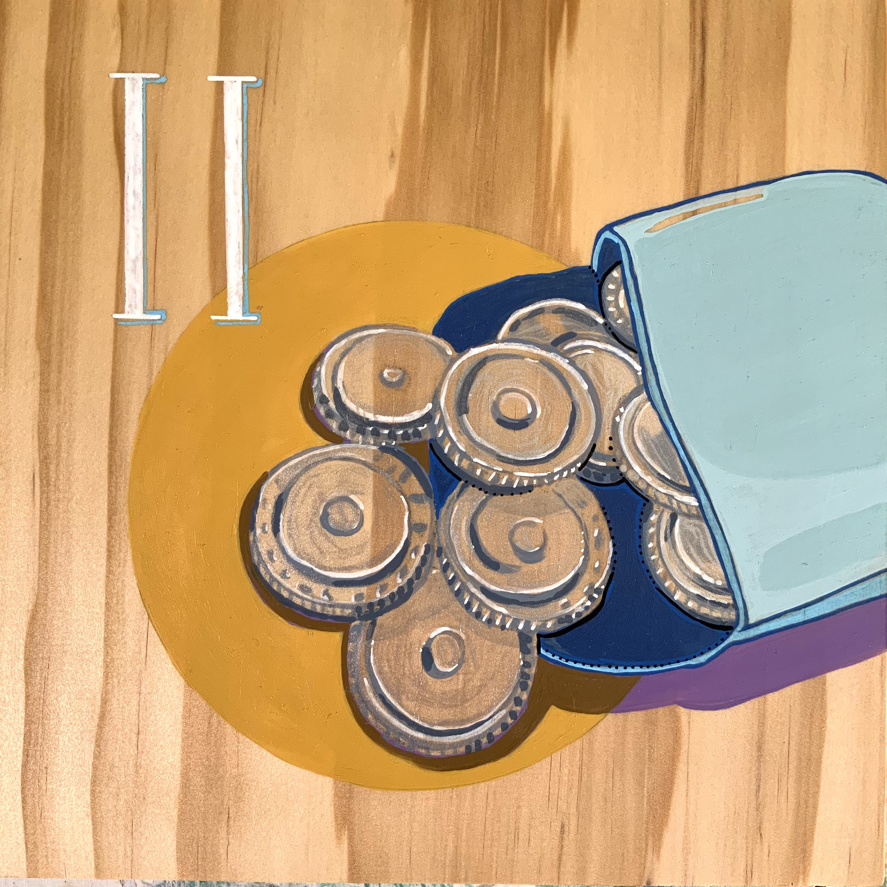 Illustrated mural of coins spilling from a tipped container, with a Roman numeral “II” displayed beside them.