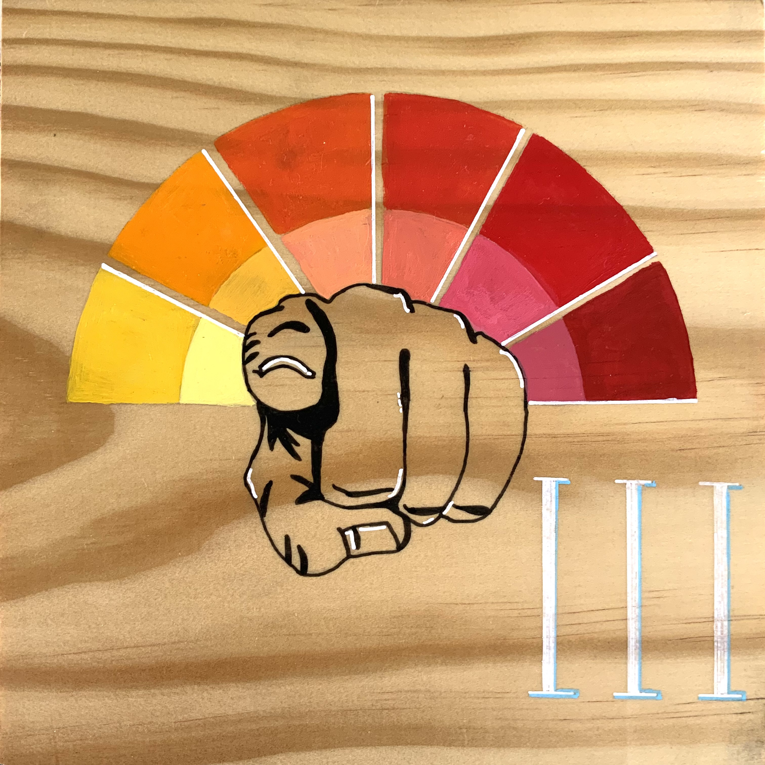 Illustrated mural of a hand pointing forward beneath a sunburst gradient, with the Roman numeral “III” beside it.