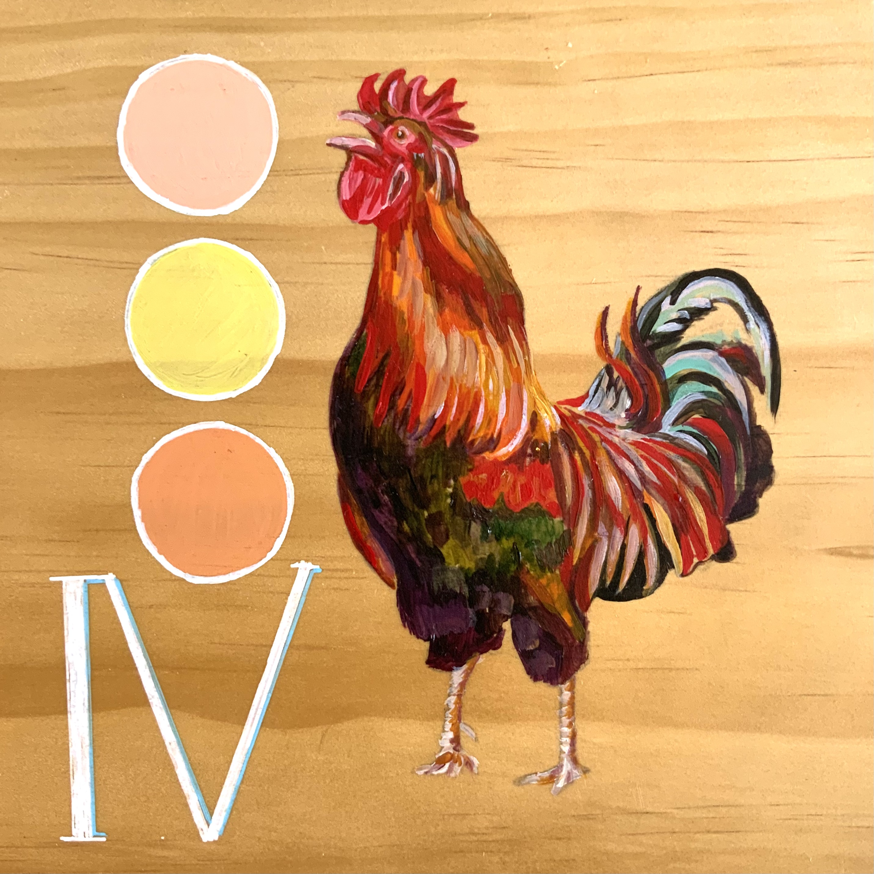 Illustrated mural of a rooster beside coloured eggs, with the Roman numeral “IV” displayed.