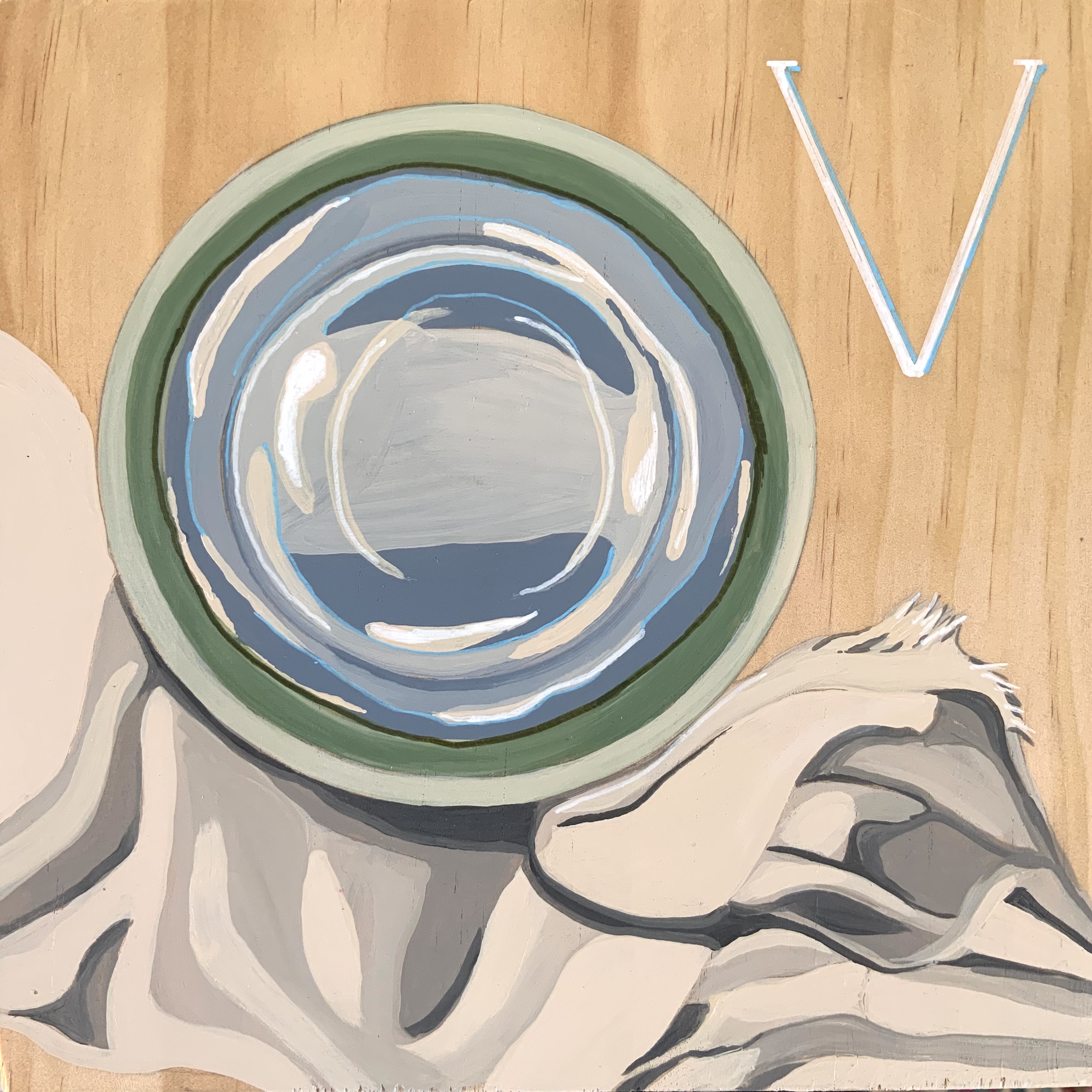 Illustrated mural of a covered bowl and bread, with the Roman numeral “V” displayed beside it.