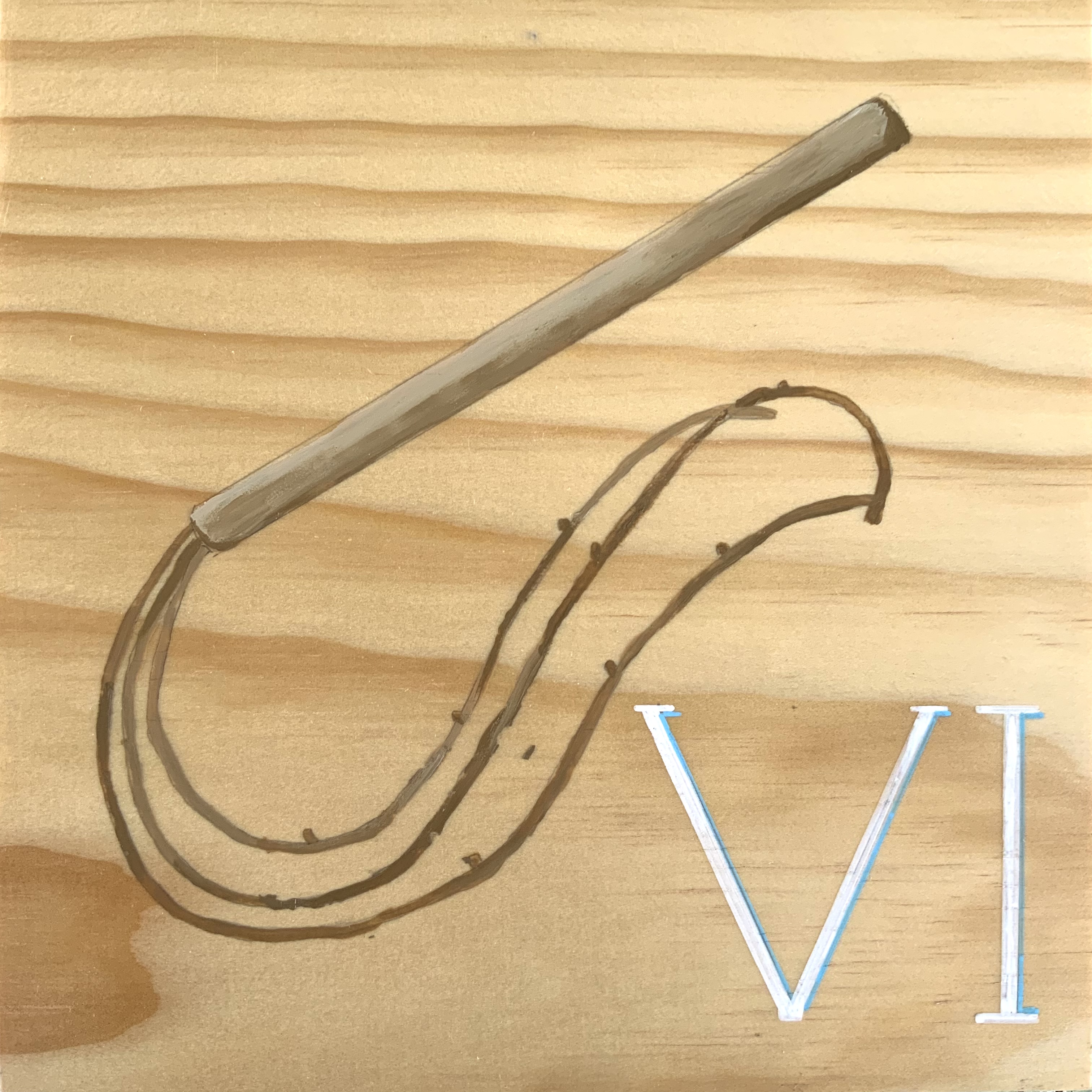 Illustrated mural of a whip and rope, with the Roman numeral “VI” displayed beside them.
