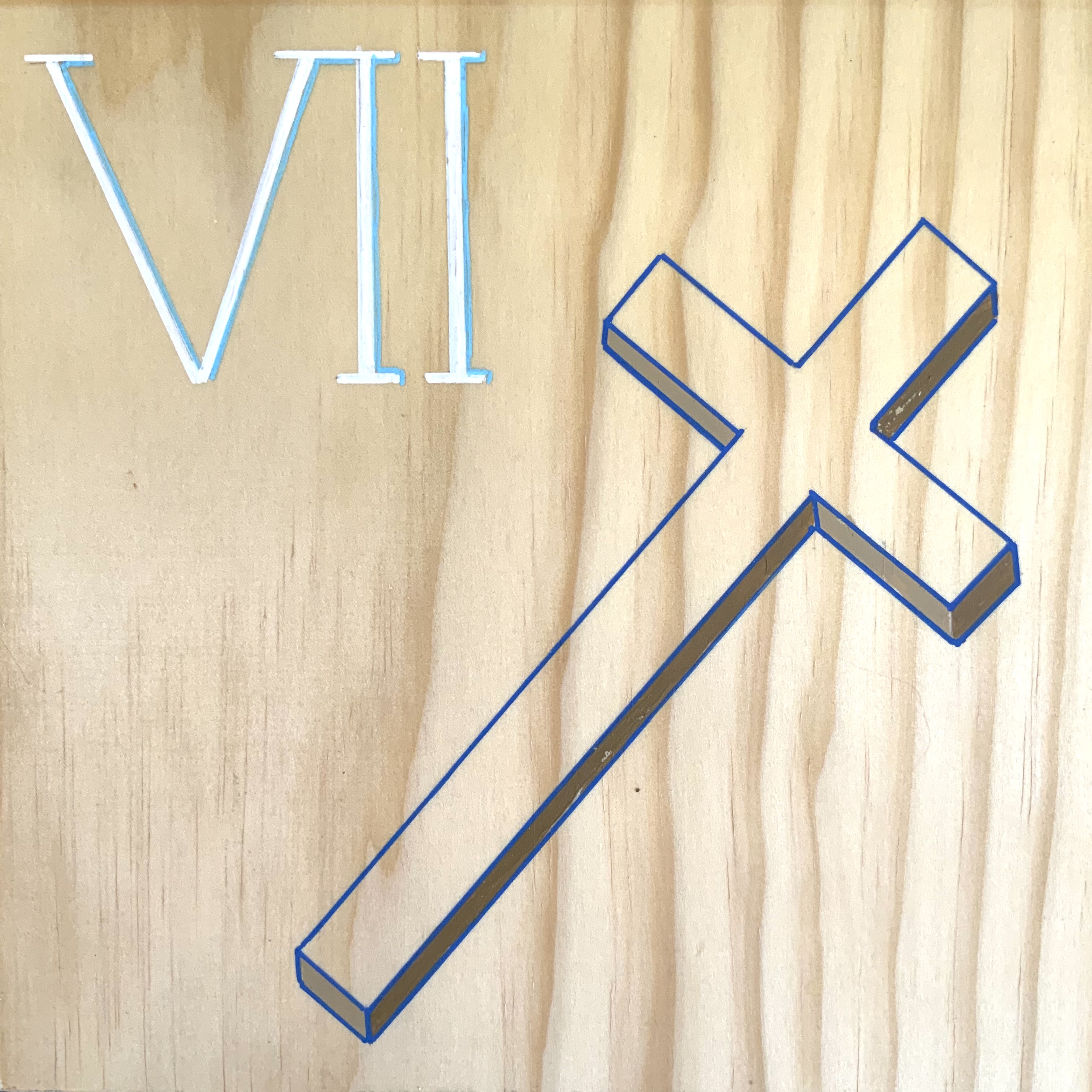 Illustrated mural of wooden blocks arranged in a cross shape, with the Roman numeral “VII” displayed beside them.